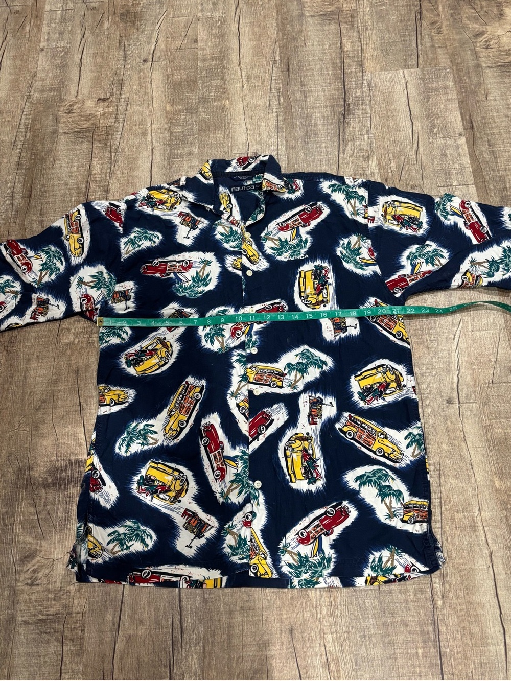 Nautica Navy Short-Sleeve Button-Up Shirt with Yellow & Red Surf Wagon Print - Picture 1 of 4